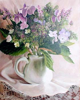 Hydrangea in White Pitcher